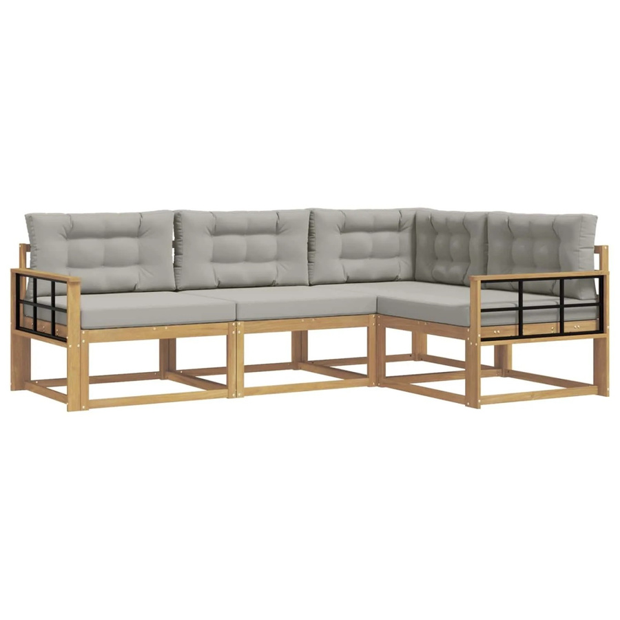 vidaXL Outdoor-Sofagarnitur 3-teilig in L-Form aus Akazienholz mit Polstern in Weiß und Grau - Bild 2