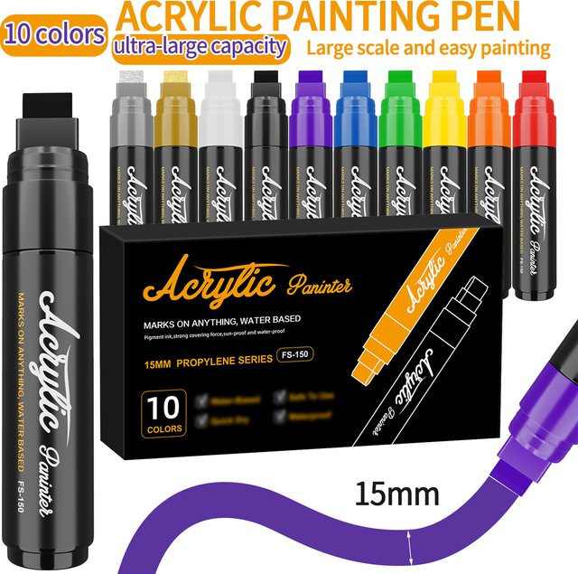 Acryl-Marker Set mit breiter Spitze in 10 leuchtenden Farben, permanent und hochdeckend für Graffiti und Kunst, Breite der Spitze: 1,5 cm - Bild 1