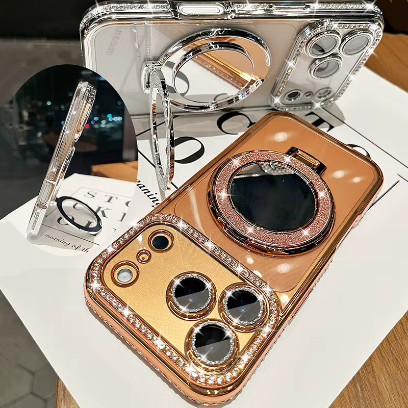 Diamant-Spiegelständer Magnetische Schutzhülle für Apple iPhone 11 bis 17 Pro Max mit MagSafe Kompatibilität in Transparent Silber - Bild 2