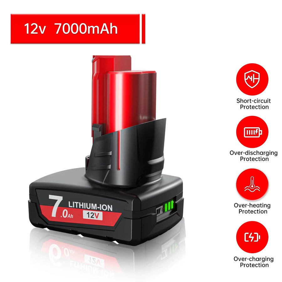 Milwaukee M12 Li-Ion Akku 12 V mit 7000 mAh in Rot für M12 B2 M12 XC Werkzeuge - Bild 2