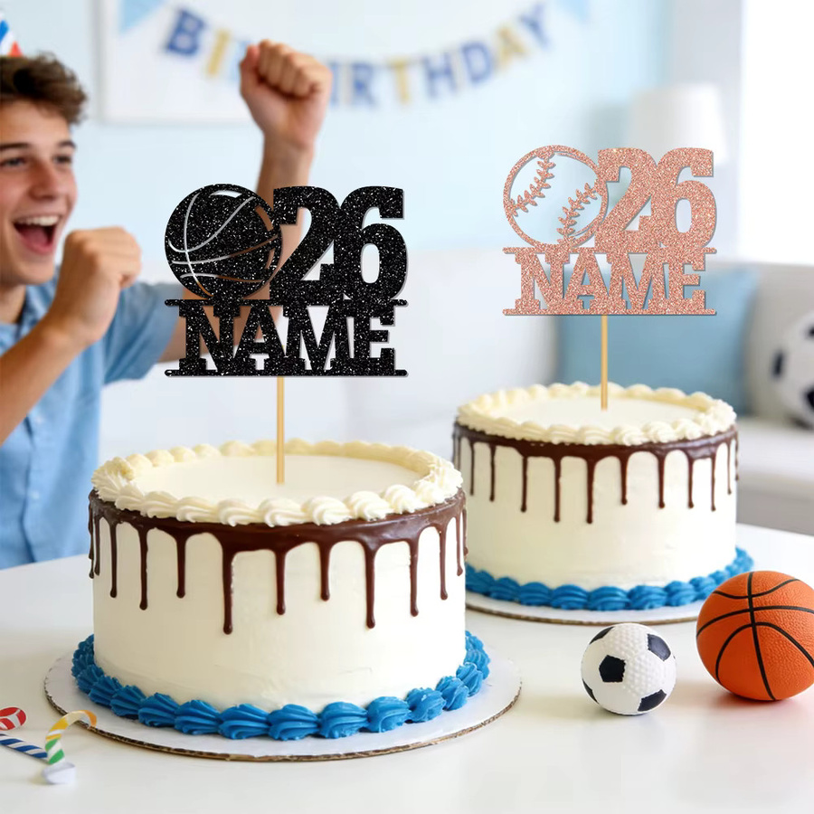 Personalisierter Kuchenaufsatz mit Glitzer-Design in Fußball- und Basketball-Optik, individuell mit Name und Alter für deine Geburtstagsparty, Mehrfarbig - Bild 2