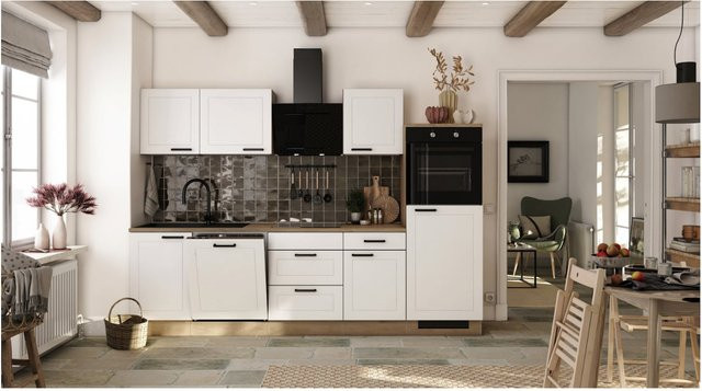 Flex-Well Landhaus Küchenzeile inkl. Elektrogeräte Julia in Weiß Matt und Cosmopolitan Eiche mit Rillenoptik, Breite: 280 cm - Bild 1