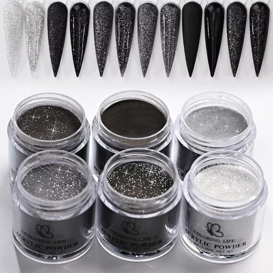 HotPress Nagel Acryl Pulver 3-in-1, Schwarz & Weiß, Schimmernd, 6 Teile/Satz - Bild 3