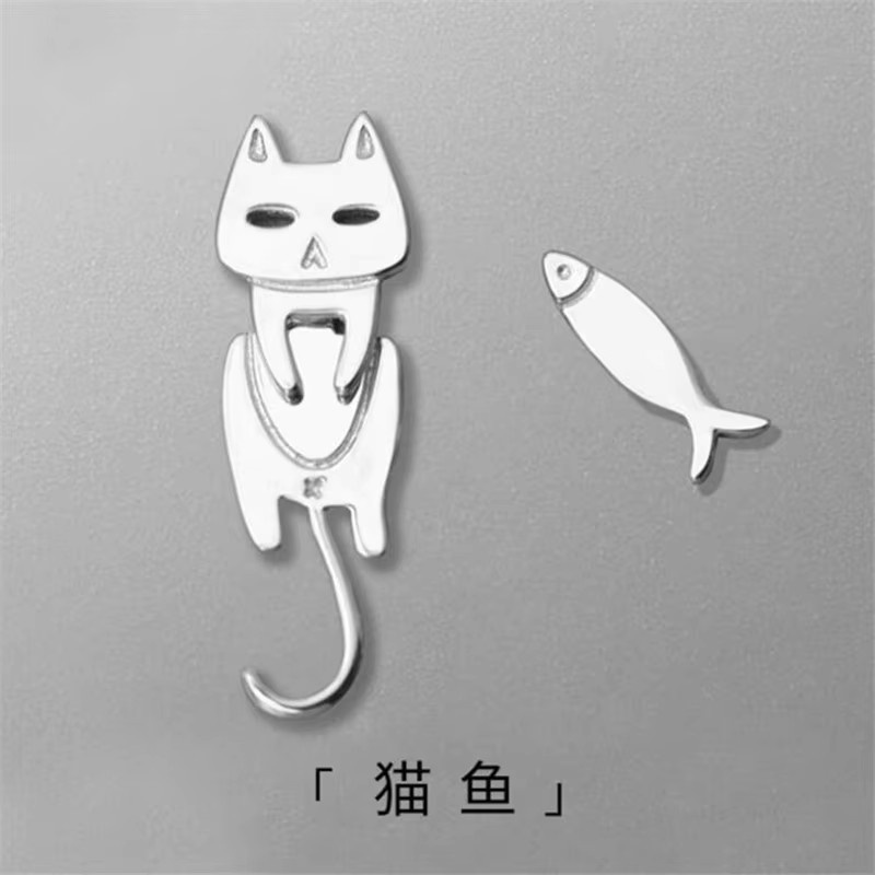 GaGa-Duck Ohrringe, asymmetrisch, Katzen und Fisch, 925 Silber - Bild 2