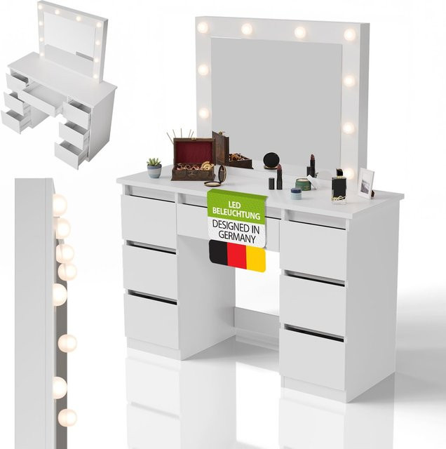 Juskys Schminktisch Talea mit Hollywood LED-Spiegel in Weiß mit modernem Design - Bild 1
