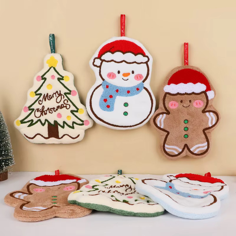 ZQNYCY Weihnachtliche Handtücher aus Korallen-Fleece mit Lebkuchenmann, Schneemann und Weihnachtsbaum Design für Küche und Bad - Bild 1