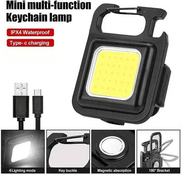 ESMARTER Mini COB LED Schlüsselbund Taschenlampe, wiederaufladbare EDC Arbeitstaschenlampe mit Magnet in Schwarz - Bild 1