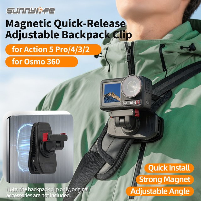 Magnetische Rucksack-Clip-Halterung für DJI OSMO 360, Action 5 Pro, 4, 3 und 2 in Schwarz mit 360-Grad-Drehung und Schnellverschluss - Bild 1