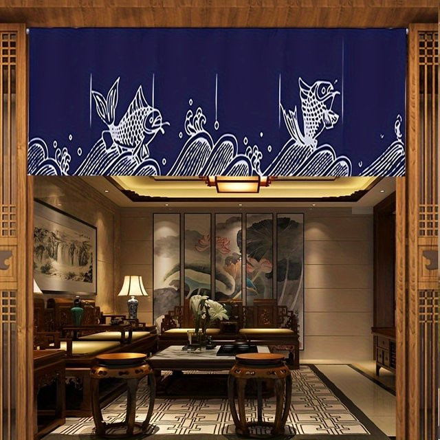 VIKAMA Japanischer Trennvorhang in Blau mit Tier-Grafik für Küchentüren und Sushi-Präsentation, Breite: 200 cm, Höhe: 50 cm - Bild 1
