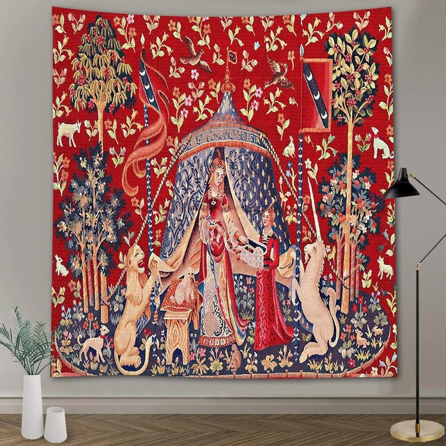 Wandteppich Mittelalterliche Dame und Einhorn von JMG Household Supplies, Kunstdruck Wandbehang in Rot, Breite: 150 cm, Höhe: 100 cm - Bild 1