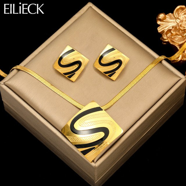 EILIECK Schmuck-Set Halskette, Ohrringe, Edelstahl, Gold, Damen - Bild 1