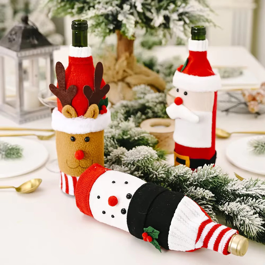 Weihnachten Wein Flaschenhüllen Set aus Textil mit Santa und Schneemann in Rot für Tischdekoration und Geschenke - Bild 4