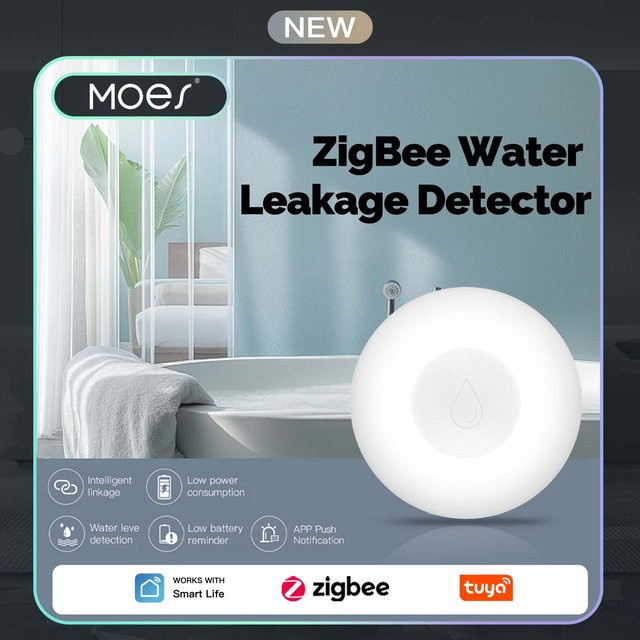 MOES Intelligenter Zigbee-Überschwemmungssensor als Wasserleck- und Überlaufmelder für die Tuya-App, Haussicherheitsalarmsystem in Weiß - Bild 1