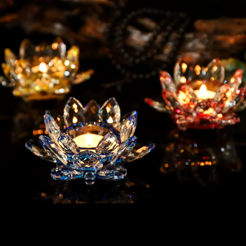YUZHOU Kristall Lotus Blume Kerzenständer aus Glas in Transparent und Gelb für Teelicht als buddhistisches Ornament zur Dekoration - Bild 2