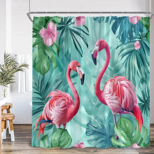 Baifenbai Home Furnishing Duschvorhang Flamingo und tropische Blätter in Rosa, B: 180 cm, H: 180 cm - Bild 1