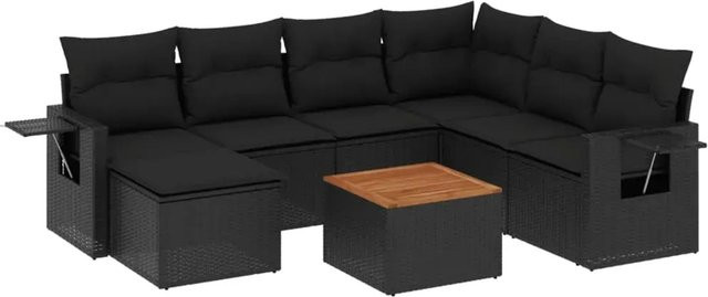vidaXL 8-tlg. Garten-Sofagarnitur in L-Form aus Poly-Rattan und Akazienholz mit Kissen in Schwarz - Bild 1
