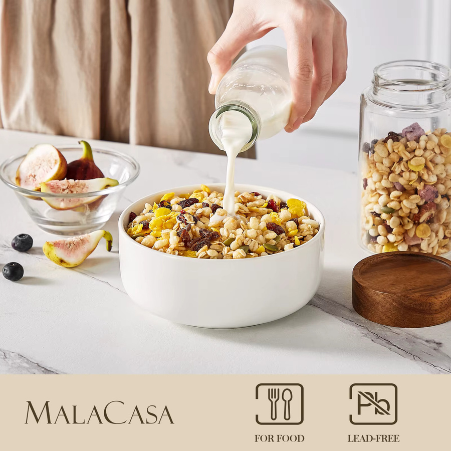 MALACASA LUNA Porzellan Salatschüssel-Set Weiß, 6/12-teilig, Keramik-Servierschüsseln und Müslischalen, mikrowellengeeignet für 6 Personen - Bild 2