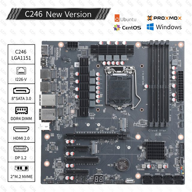 SZJN C246 Motherboard NAS AIO Board Vpro Version für LGA1151 Core 8. und 9. Generation mit 2x M.2 NVME, 8x SATA 3.0 und 2.5G LAN in Schwarz - Bild 1