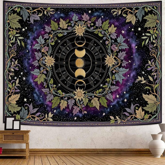 VIKAMA Wandteppich im Boho-Stil mit Sonne, Mond, Blumen und Sternen, Mehrfarbig, Breite: 60 cm, Höhe: 40 cm - Bild 1