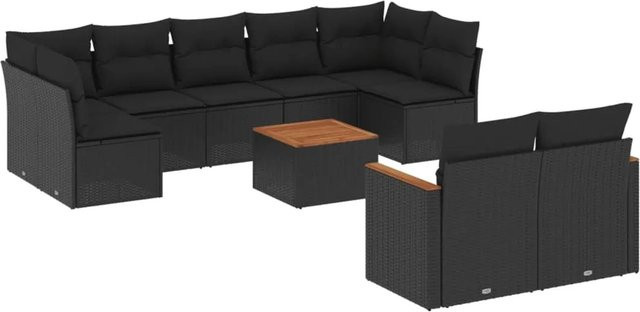 vidaXL 10-teilige Garten-Sofagarnitur in L-Form aus schwarzem PE-Rattan mit Kissen und pulverbeschichtetem Stahlgestell - Bild 1