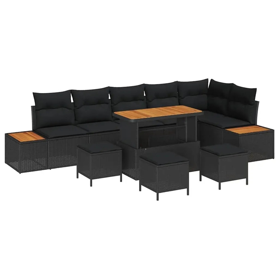 vidaXL 10-teiliges Garten-Sofa-Set in Schwarz aus Poly Rattan und Akazie mit Kissen und wetterfestem Schutz - Bild 2