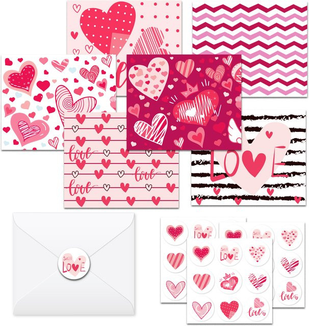 13 Stück Liebesherz-Grußkarten in Pink mit Umschlägen und Aufklebern für Valentinstag und Hochzeiten - Bild 1