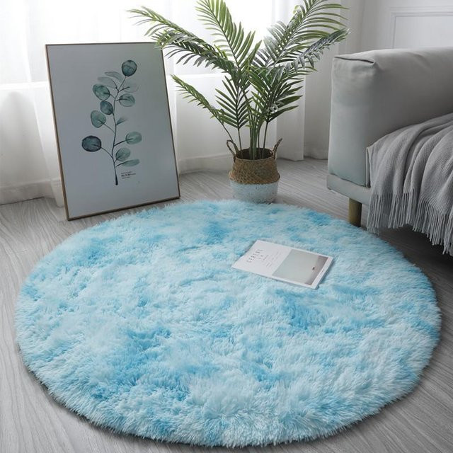 Runder Plüschteppich von NATAWA in Blau und Weiß, flauschiger Kunstfellteppich für Wohnzimmer, Schlafzimmer oder Kinderzimmer, Durchmesser: 60 cm - Bild 1