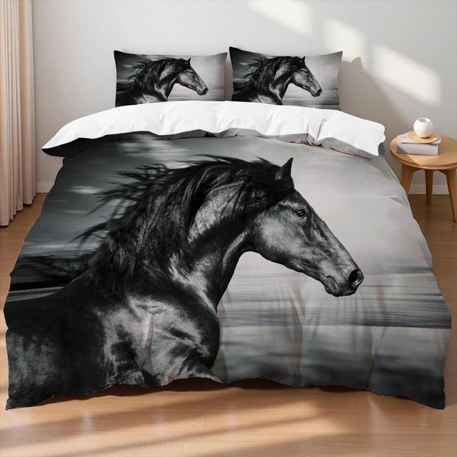Flylo Bettwäsche-Set mit Pferde-Print, 3-teilig, Schwarz, B/H: 140 x 200 cm - Bild 1