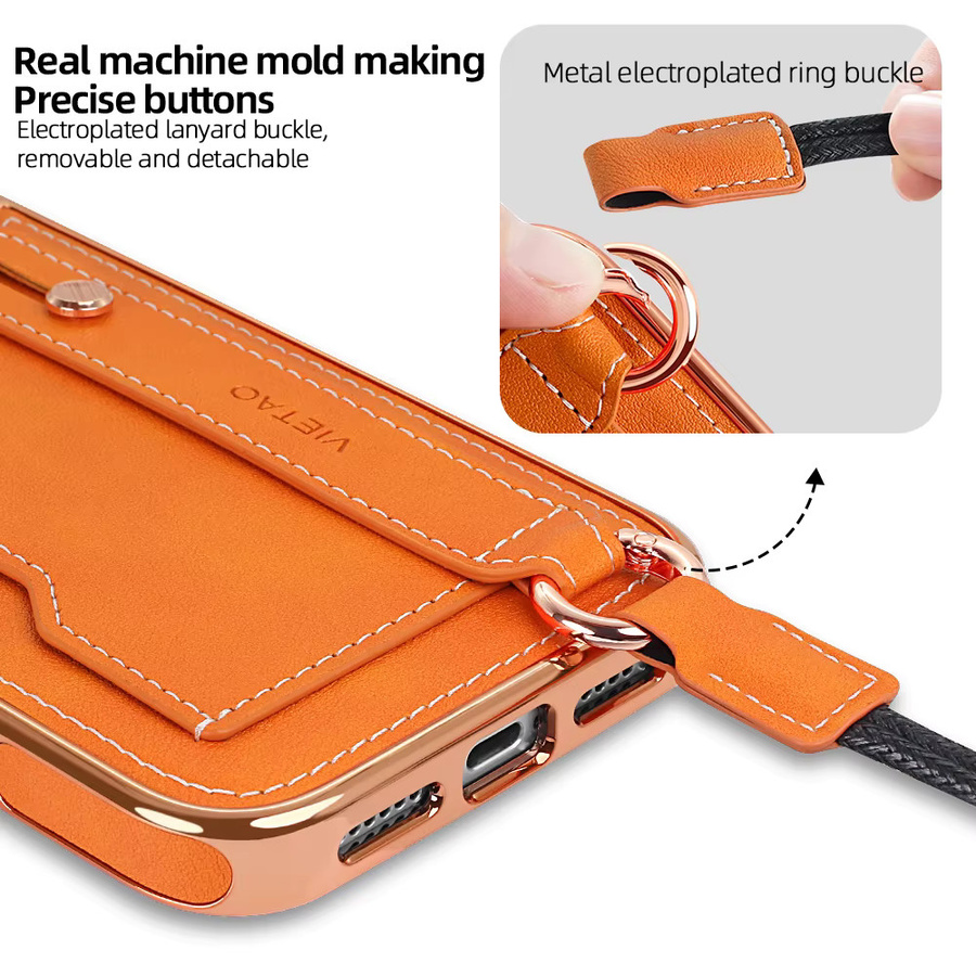 Retro Lychee Grain Handgelenk Band Telefonhülle für Apple iPhone 12 bis 17 Pro Max Plus Air aus PU Leder mit Kartenfach und Neck Strap in Rot und Orange - Bild 4