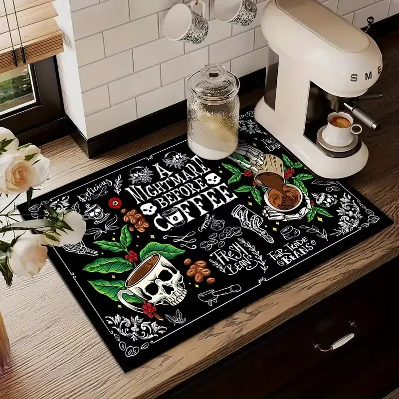 VIKAMA Tischschutzmatte aus Silikon mit Totenkopf-Kaffeemuster in Schwarz, rutschfest und saugfähig - Bild 3