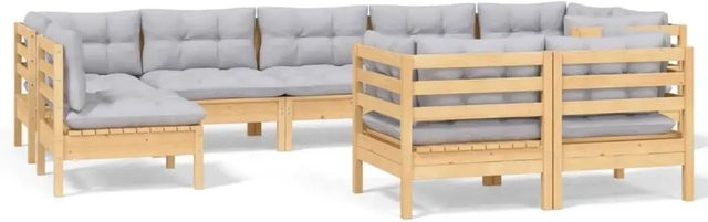 vidaXL 9-teiliges Garten-Lounge-Set aus massivem Kiefernholz in U-Form mit grauen Polsterkissen - Bild 1