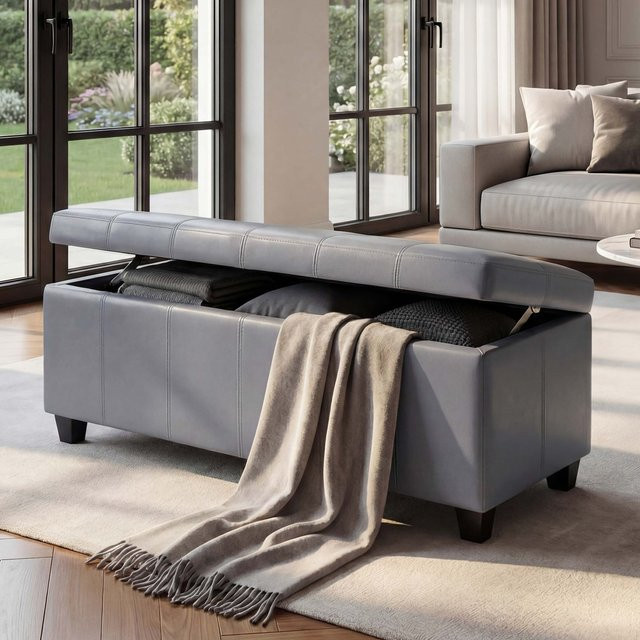 MCW Aufbewahrungs-Truhe Sitzbank Arezzo aus Leder und Kunstleder, Grau, B/T/H: 112 x 45 x 45 cm - Bild 1