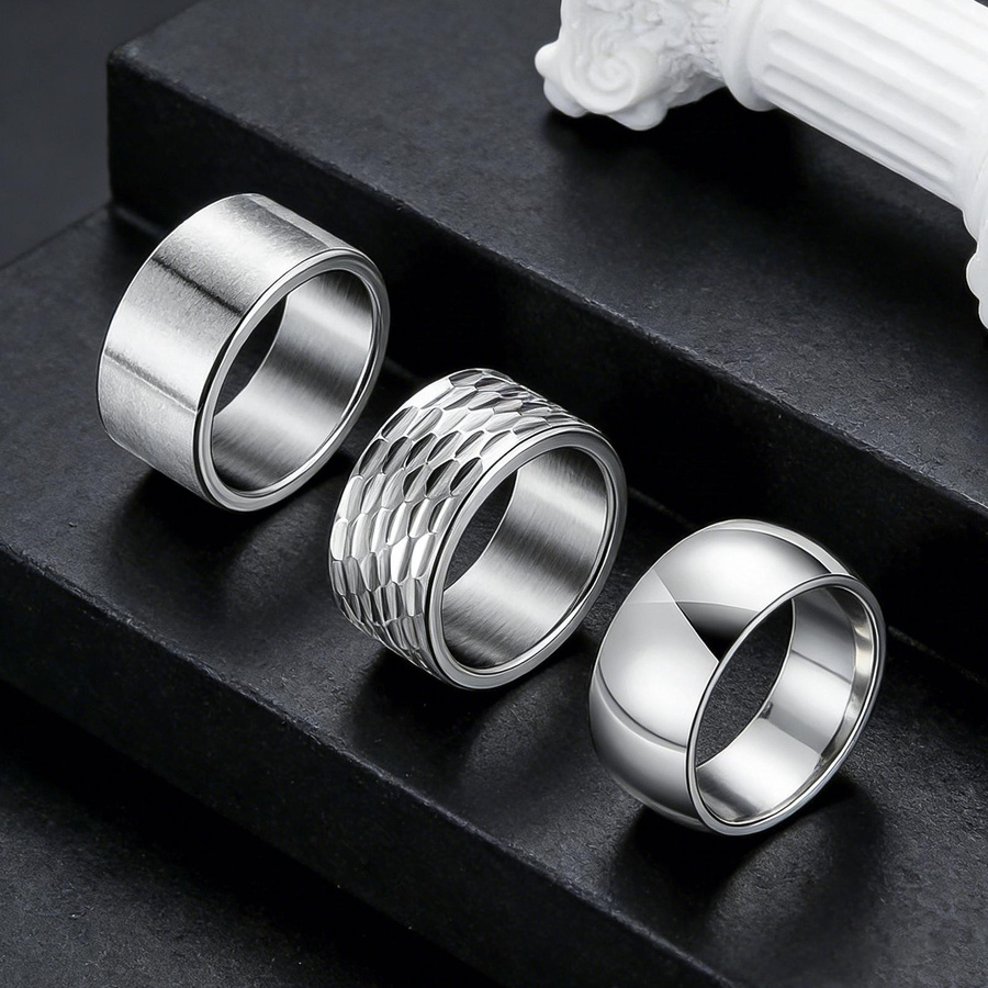 Herren Ring Set Edelstahl, gehämmert, 12 mm breit, 3-teilig, Size 10 - Bild 2
