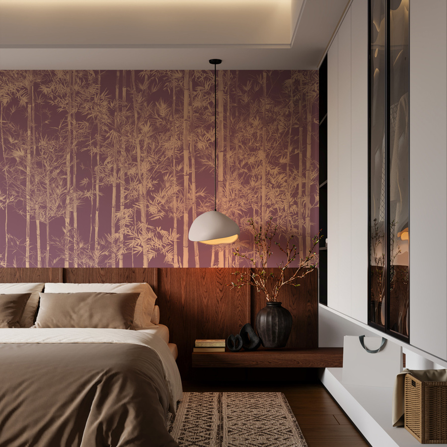 Sian Zeng Mural Wandgestaltung Bamboo Gold Burgundy Panel B in Gold und Rot - Bild 1