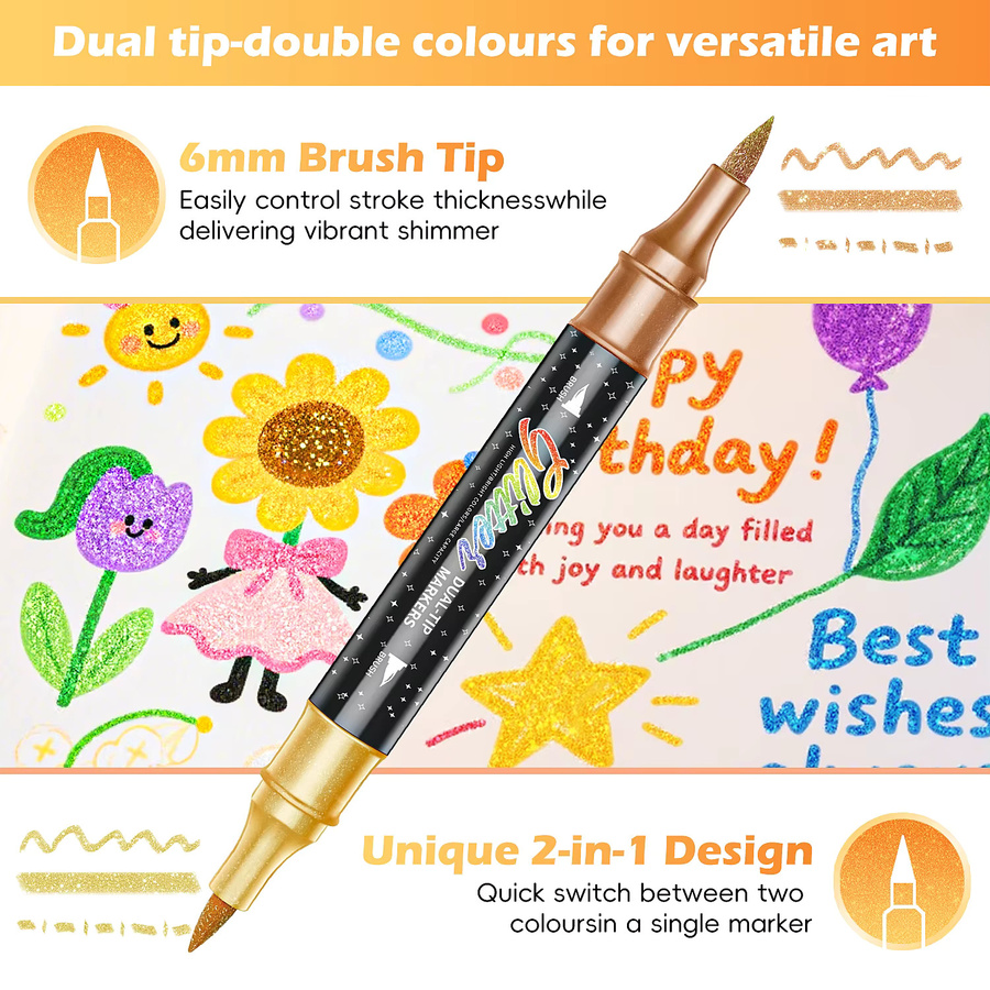 Kolorowys Pinselmarker mit Glitzer-Effekt und zwei Spitzen in Multicolour für DIY-Kunsthandwerk und Doodling - Bild 2