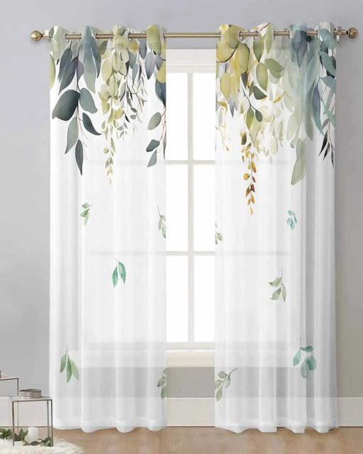 Yiran Furniture Transparente Tüll-Vorhänge mit Aquarell-Blumenmuster in Blau und Weiß, 2er-Set mit Ösen, Breite: 70 cm, Höhe: 185 cm - Bild 1