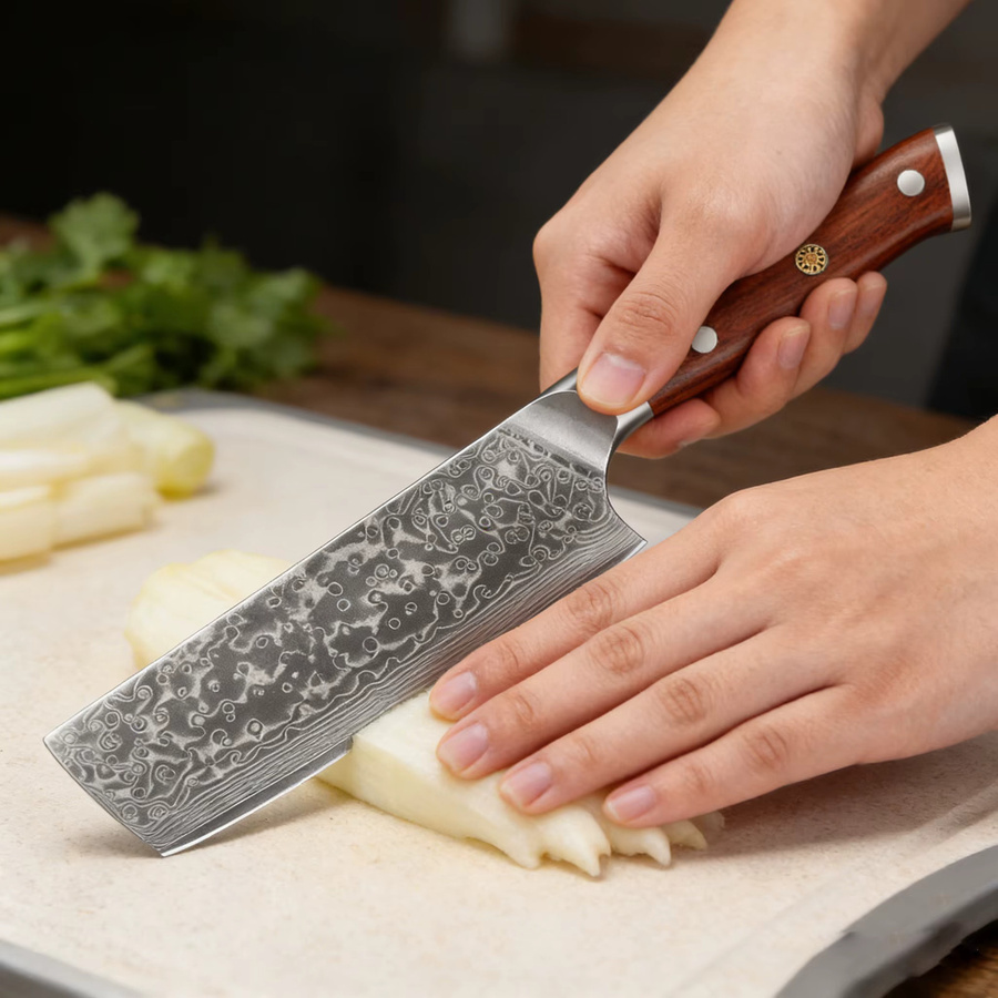 Baovim Professionelles Nakiri-Küchenmesser aus Damaszener Stahl mit Rosenholzgriff in Silber - Bild 2