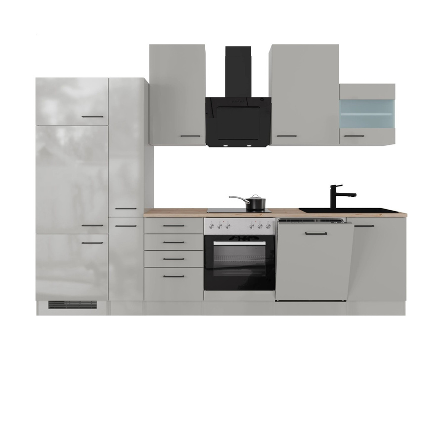 Flex-Well Exclusiv Küchenzeile Lund in Lichtgrau glänzend und Rauchgrau, Breite: 310 cm, Tiefe: 57 cm - Bild 2