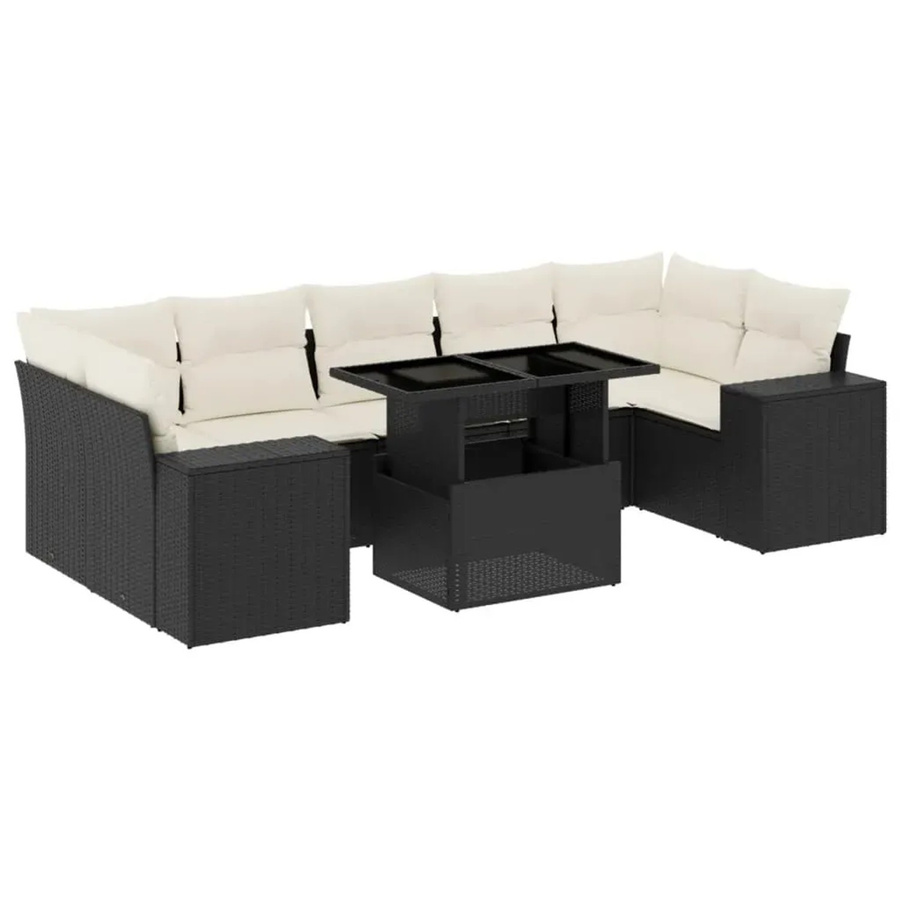 vidaXL 8-tlg. Garten-Sofagarnitur in L-Form mit Kissen und Couchtisch, Schwarz/Weiß, Poly-Rattan und Metallgestell - Bild 2
