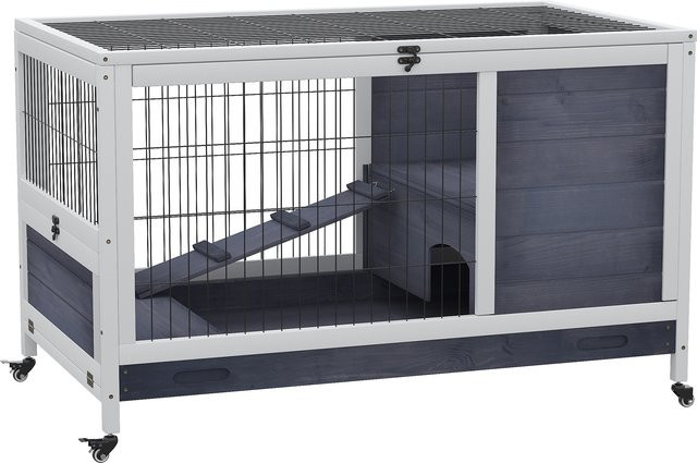 PawHut Kleintierstall aus Tannenholz mit Rädern für Meerschweinchen, Dunkelgrau und Weiß, B/T/H: 90 x 53 x 59 cm - Bild 1