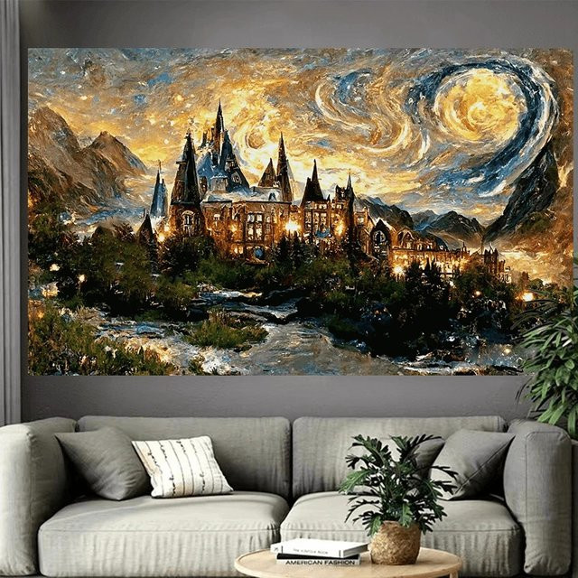 VIKAMA Fantasy Castle Wandteppich in Aquarell-Optik mit Sternennacht-Motiv, bunter Bohemian-Stil Wanddekoration, Breite: 75 cm, Höhe: 75 cm - Bild 1