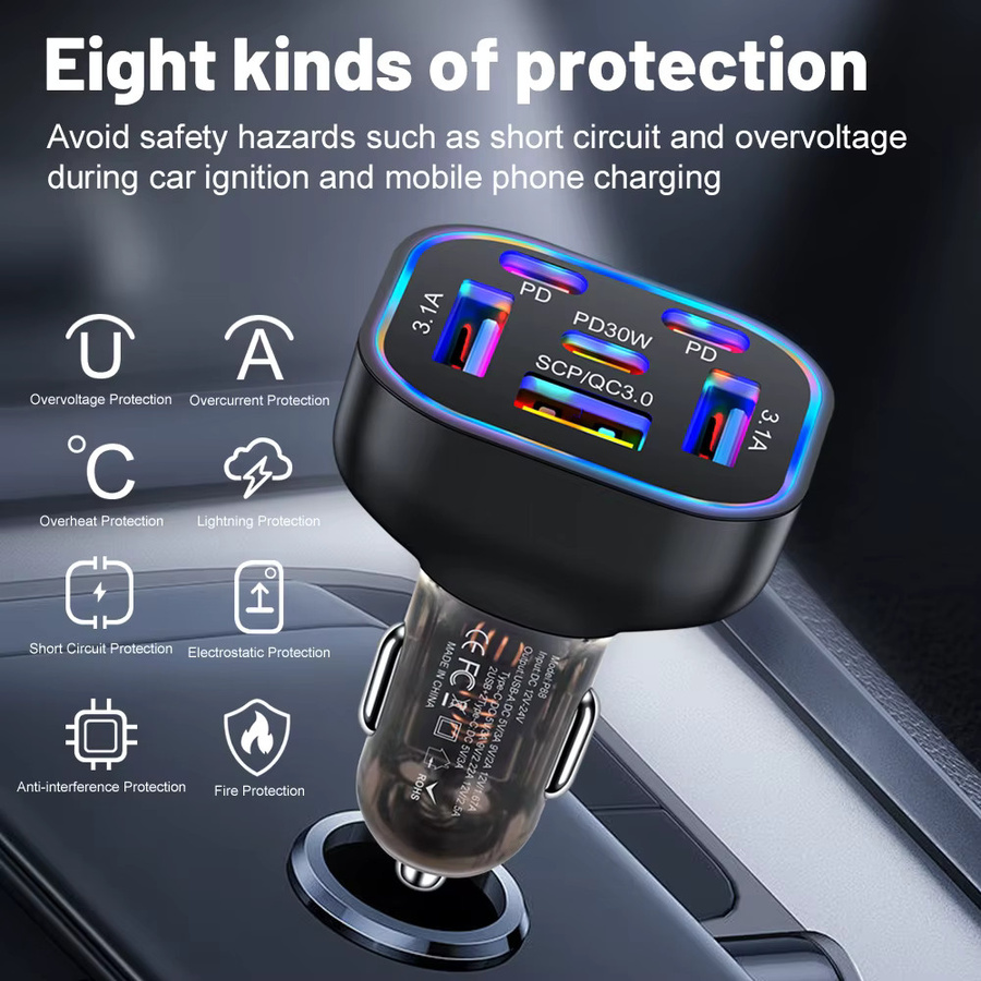 6in1 Autoladegerät mit 3 USB-Anschlüssen und 3 Typ-C Schnelllade-Ports in Multicolor für iPhone, Samsung und Xiaomi - Bild 3