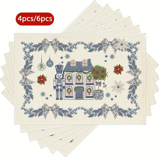 VIKAMA Weihnachtsmatte Set mit Winterblättern, Schneeflocken und Nussknacker in Blau und Weiß für deine Tischdekoration - Bild 1