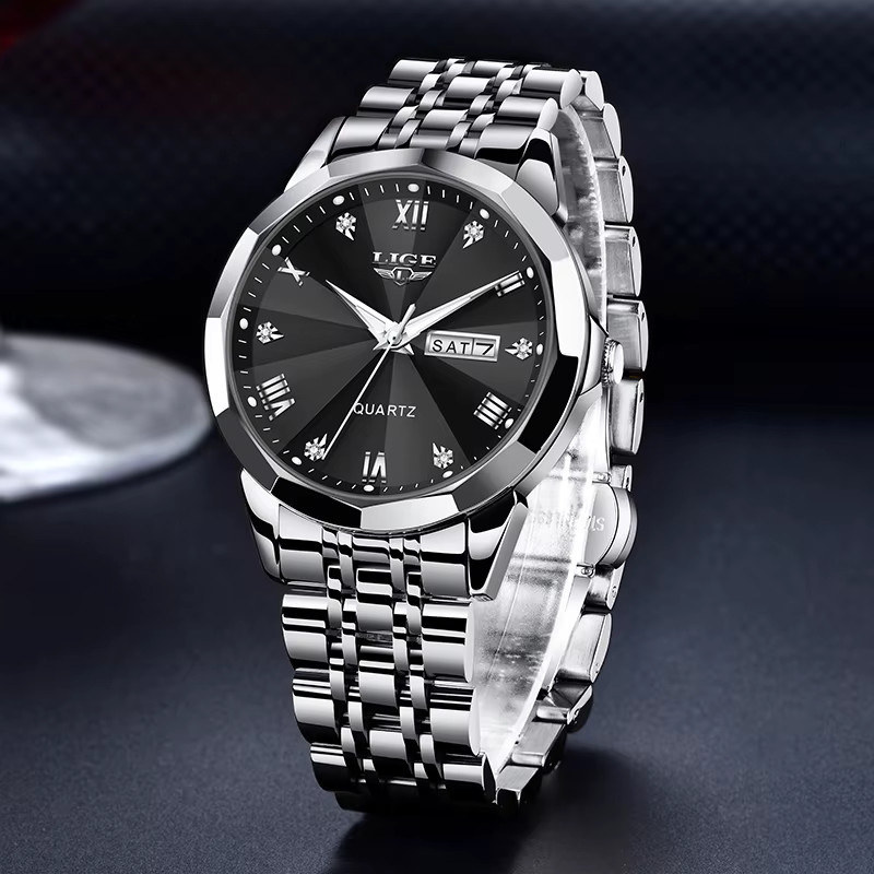 LIGE Armbanduhr Quarz, Edelstahl, Schwarz, Herren, Datum - Bild 6