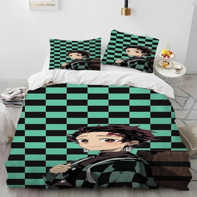 3-teiliges Demon Slayer Anime Bettwäsche-Set aus atmungsaktiver Baumwollmischung, Farbe: Grün, B/H: 180 x 210 cm - Bild 1