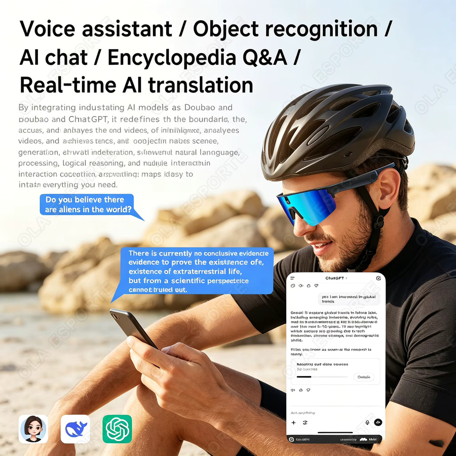 Ola Esporte Smarte KI-Fahrradbrille mit 8MP HD-Kamera, Bluetooth-Anrufe und IP66 Wasserdichtigkeit in Schwarz - Bild 2