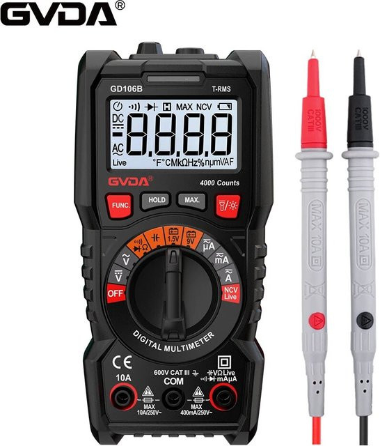 Gvda Digitalmultimeter True RMS mit Auto Range, Voltmeter, NCV und Amperemeter in Schwarz - Bild 1