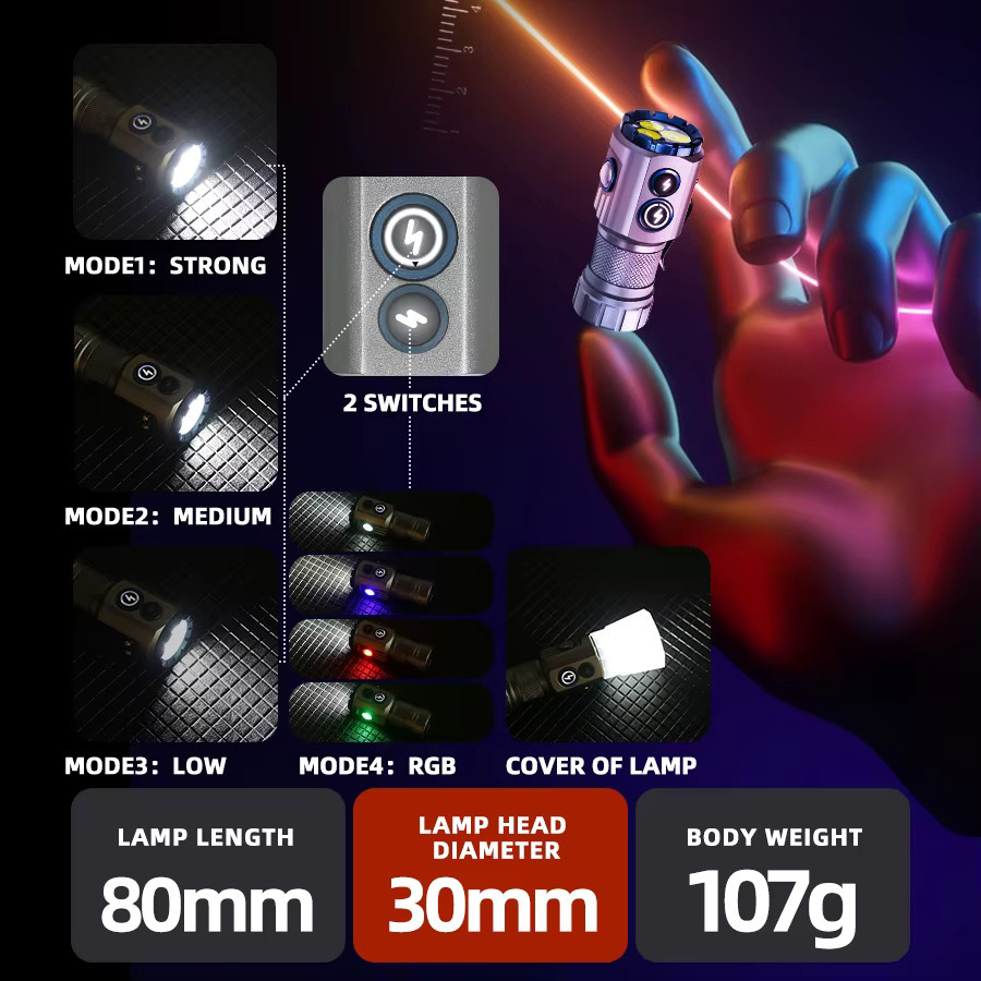 KDULIT LED-Taschenlampe mit RGB-Seitenlampe, wiederaufladbar via Typ C, mit Magnet und Heckmagnet für Camping und Wandern - Bild 2