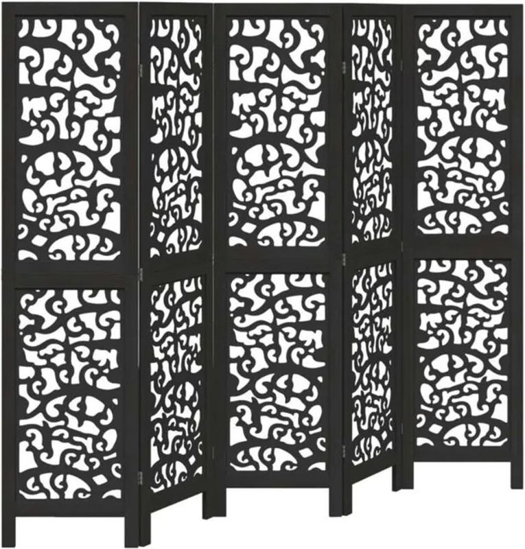 5-tlg. Paravent aus Massivholz Paulownia von vidaxl in Schwarz mit geometrischem Design - Bild 1