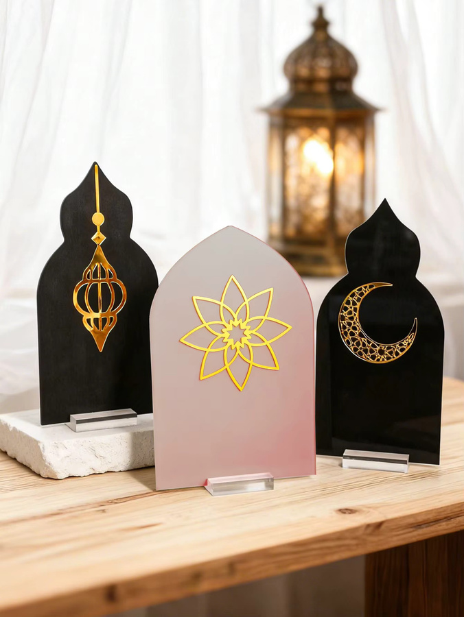 Islamische Ramadan Tischdekoration Laterne mit Mond und Blumen aus Acryl in Schwarz für Eid Mubarak und Muslimische Feste - Bild 3